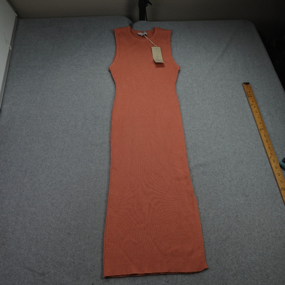 ACOA Dress Womens Large Orange Ribbed Knit Minimalist Bodycon Sleeveless Midi